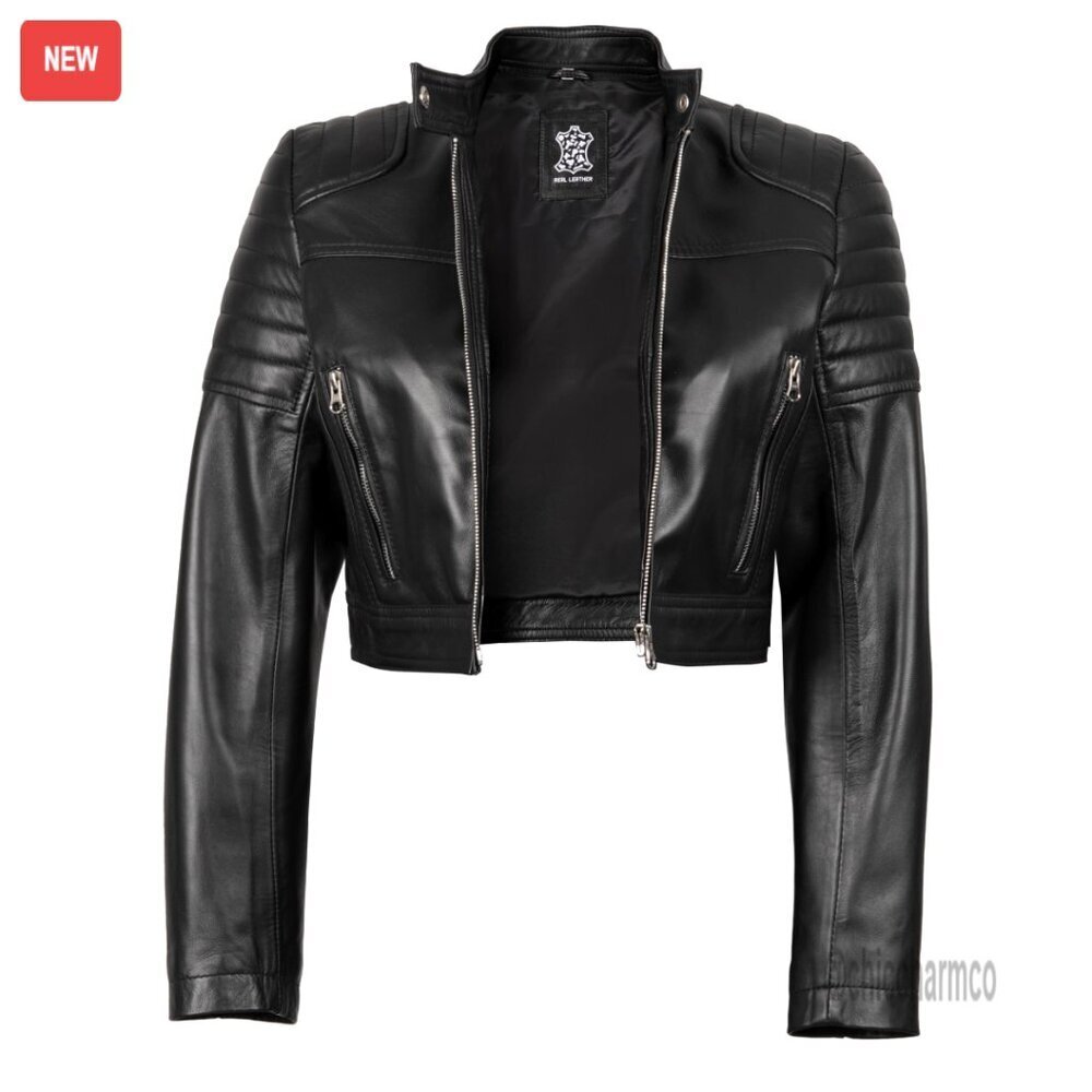 Real Lambskin Leather Jacket Regular Fit Cropped Style Zip Pockets